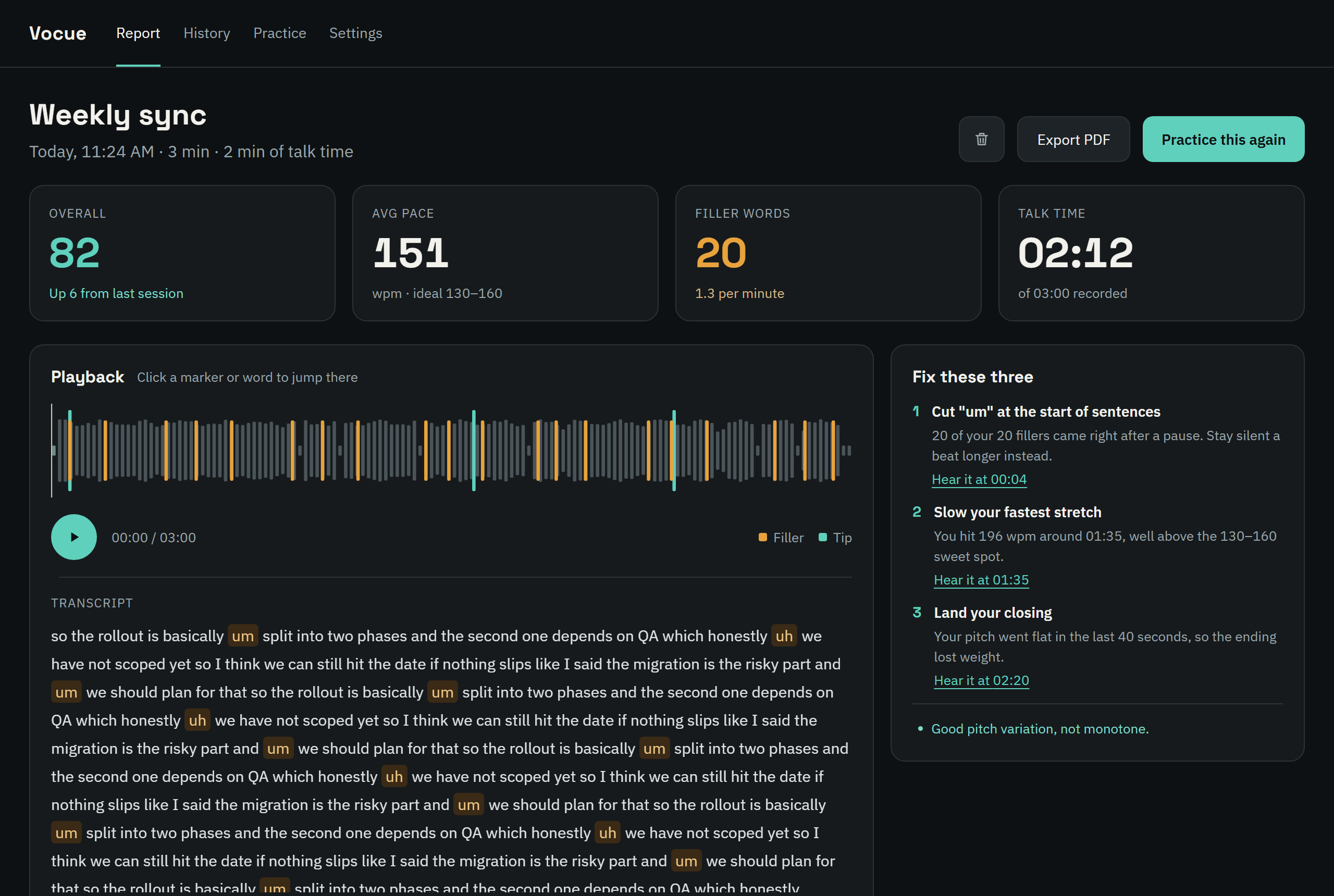Session report with an overall score of 82, a waveform with filler markers, the transcript and three numbered tips